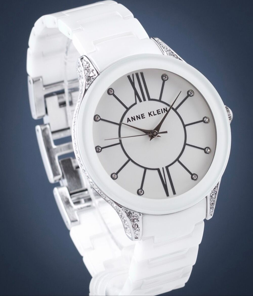 Anne Klein White Ceramic Crystal Watch and box AK-1673WTSV